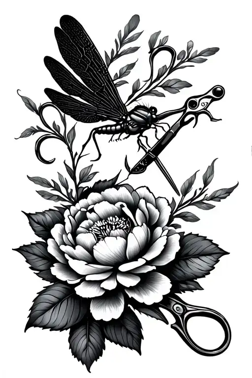 Dragonfly with peony flowers and canine grooming scissors tattoo design idea