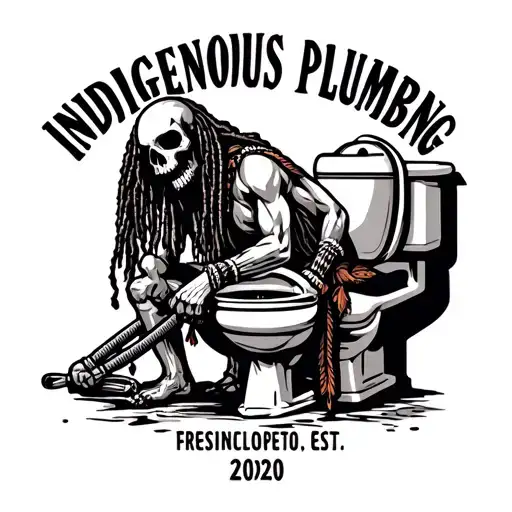 "INDIGENOUS PLUMBING EST.2020" skull dreadlock Native American warrior fixing a toilet tattoo design idea