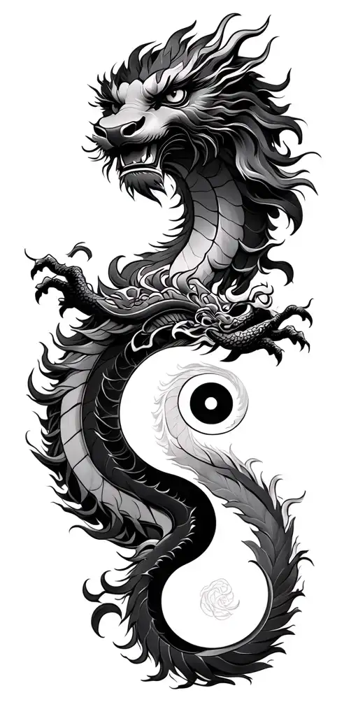 Chinese mythology inspired tattoo design featuring yin and yang Chinese lion and dragon tattoo design idea