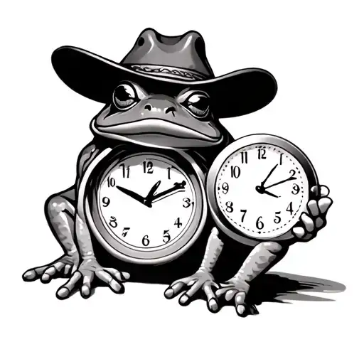 frog wearing cowboy hat holding clock tattoo design idea