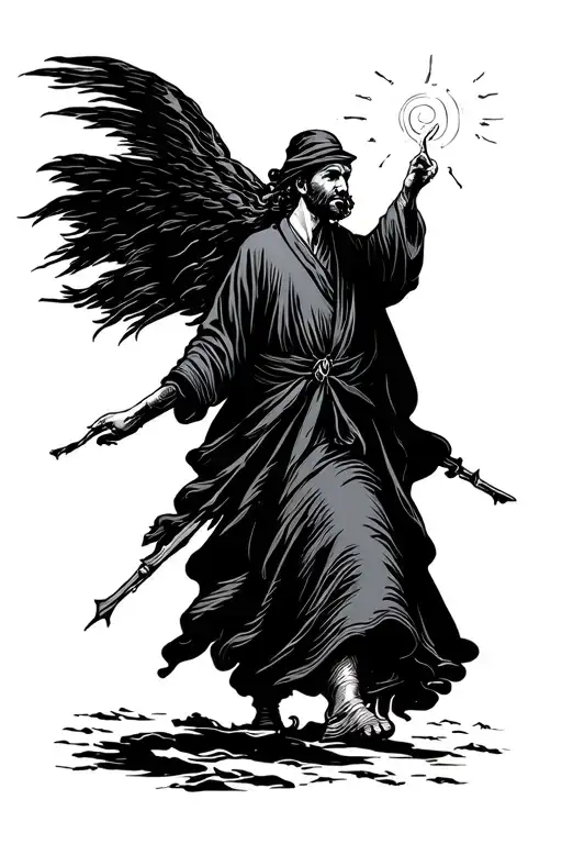 lone traveler in flowing black robes trying to reach a light in the distance that while the shadows behind him hold him tattoo design idea