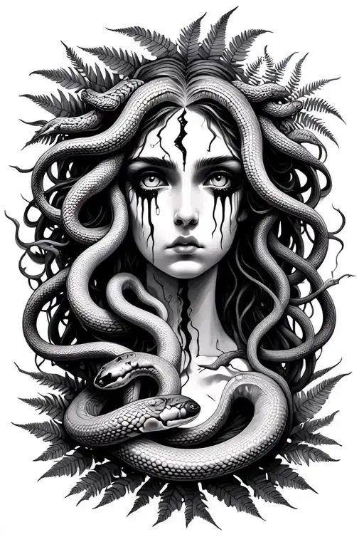 Medusa face, white eyes, 7 snakes, 3 cracks on her face, black tears, sad expression, ferns and plants behind head tattoo design idea