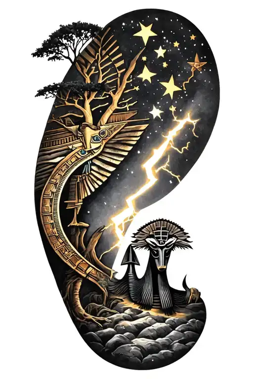 viking rume and stars and tree and Anubis lightning bolt and A Fusion Of Egyptian Symbolism tattoo design idea