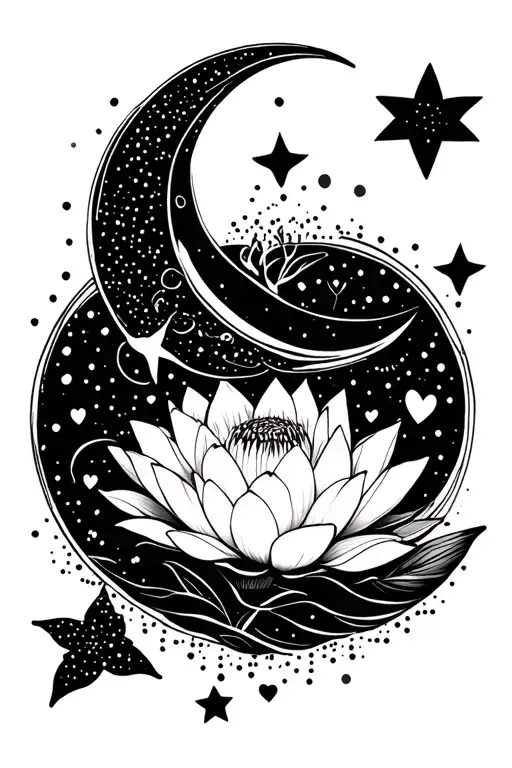 Vertical, fine line, with dots hearts and stars and crescent moon represent femininity, leo star sign, water lilly tattoo design idea
