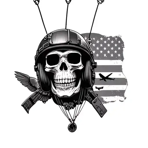 dog tags, american flag, skull wearing pilot helmet, parachuters,c-17 cargo planes tattoo design idea