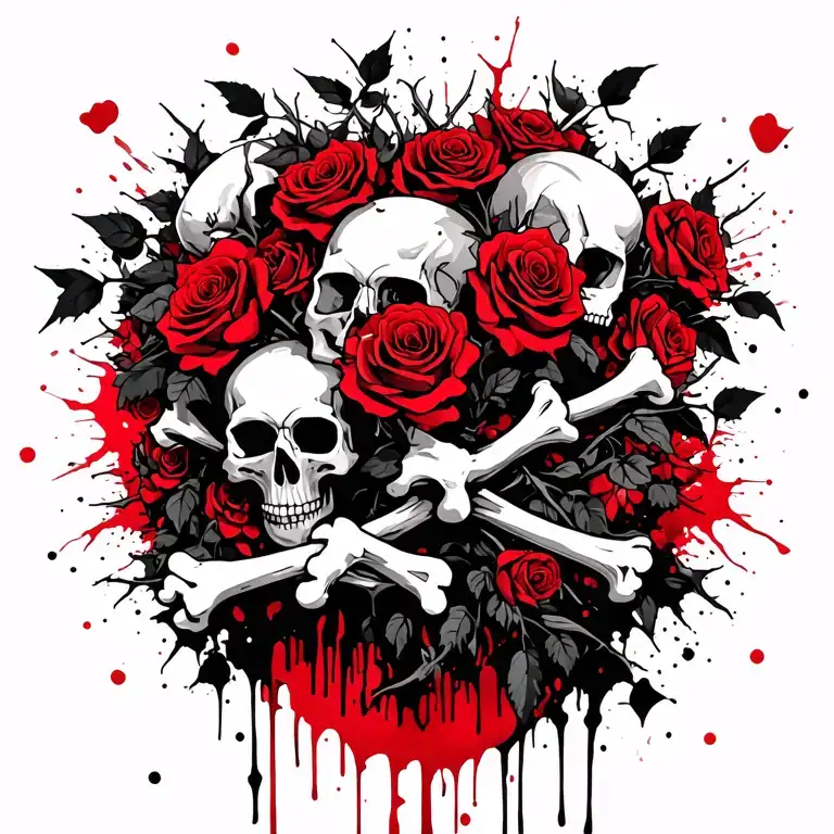 bouquet of roses with thorny vines wrapping arround skulls and bones in a grave yard tattoo design idea