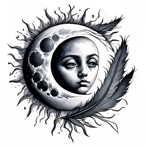 moon and sun and feathers tattoo design idea