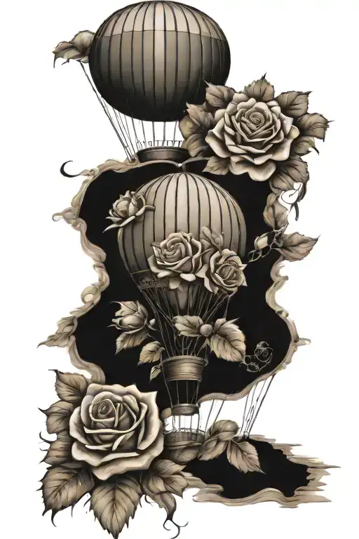Hot air balloon lands in roses and flowers tattoo design idea