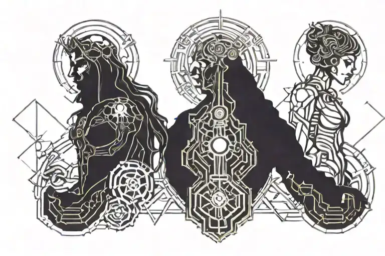 a male god and female god full body standing side by side symbolizing death and rebirth tattoo design idea