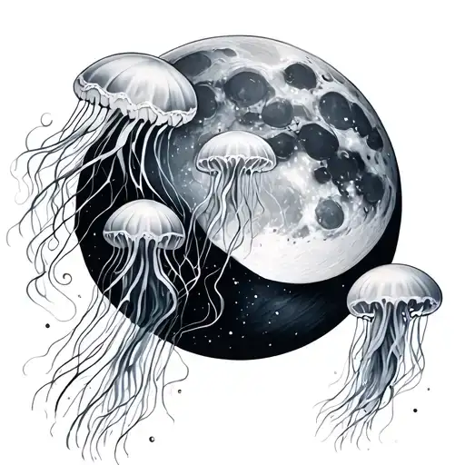 Phases of the moon surrounded by jellyfish tattoo design idea