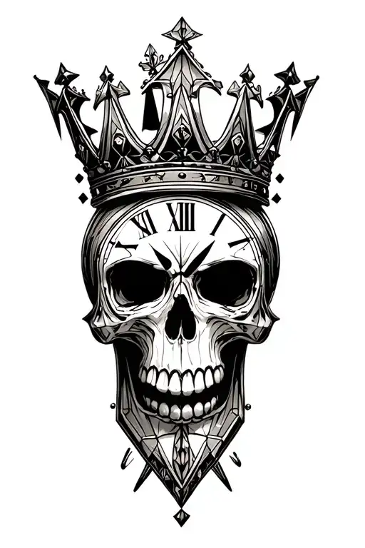 "VICTORY" skull wearing a crown surrounded by clock tattoo design idea