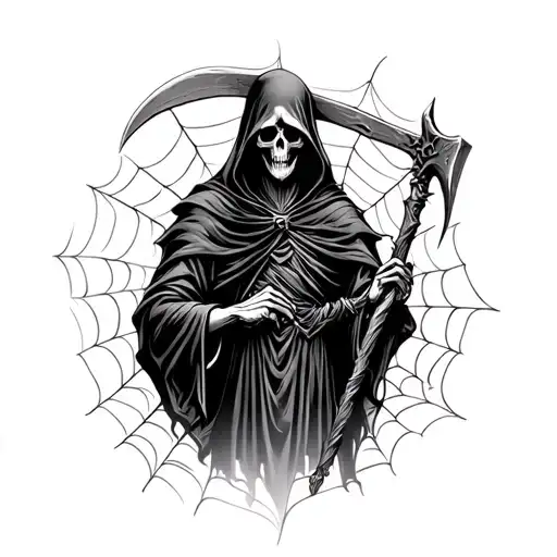 Wicked Grim Reaper Holding Scythe with Spider Webs all around tattoo design idea