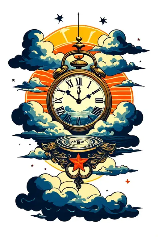 clock inside sunrise behind clouds surrounding tattoo design idea
