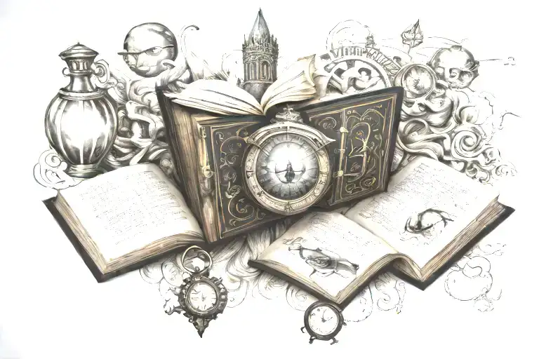 a nerdy book themed tattoo featuring Harry Potter, acotar, Doctor who, fourth wing, Romantasy and fantasy elements,  tattoo design idea