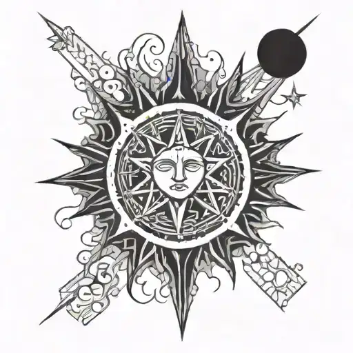 Sun with radiating rays, crescent Moon, and Raiju lightning beast, sharp geometric patterns symbolizing energy tattoo design idea