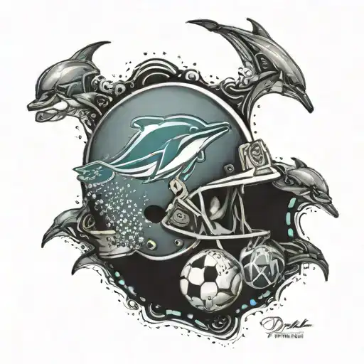 A Miami dolphins themed tattoo incorporating elements of the ocean and football, representing loyalty and passion for the team tattoo design idea