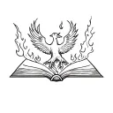 OPEN BOOK ON FIRE WITH PHOENIX COMING OUT OF IT tattoo design idea