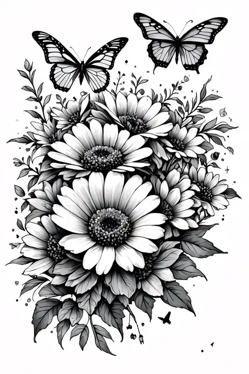 wild flowers intertwined with butterflies flying with Gemini and Libra constellation  tattoo design idea