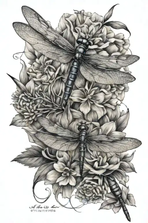 dragonfly and hummingbird drinking nectar tattoo design idea