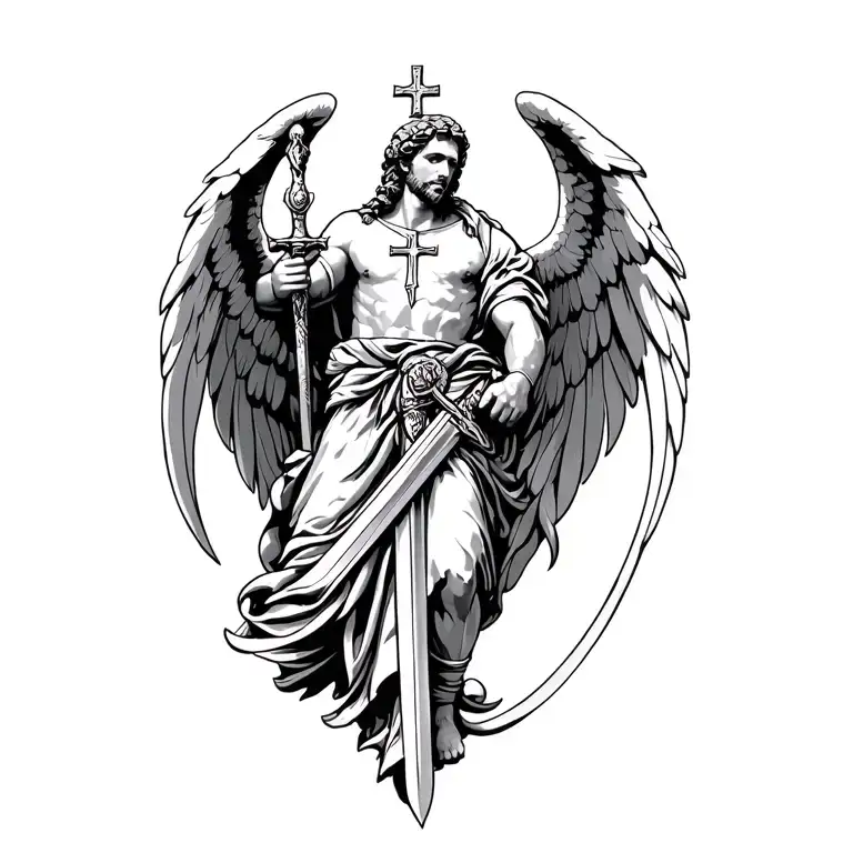 saint michael the archangel with a sword as well as a cross not on him, but somewhere in the sleeve. tattoo design idea