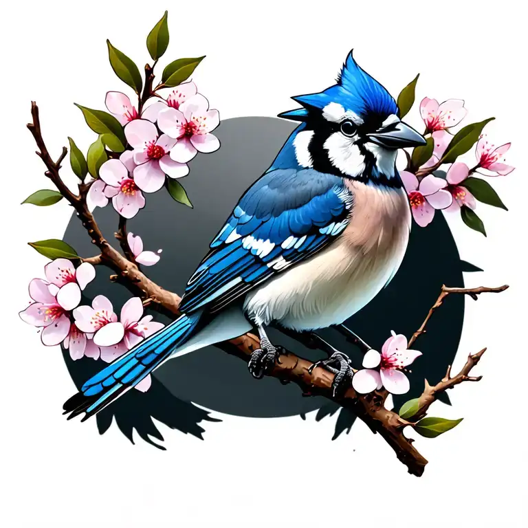 blue jay in cherry blossom tree branch tattoo design idea