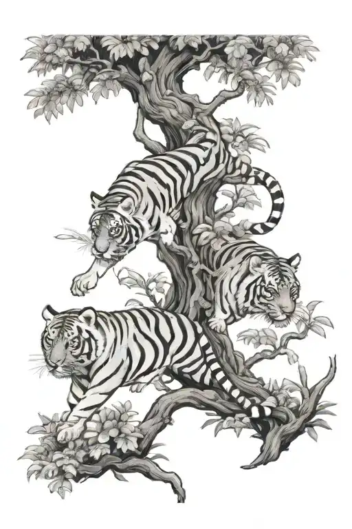 acacia tree with tiger and koi  tattoo design idea