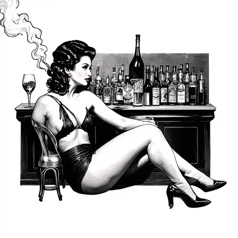 old bar sexy woman sitting alcohol smokes tattoo design idea