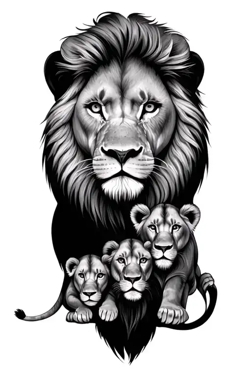 male lion with cross over its eye surrounded by a female lion and 3 cubs tattoo design idea