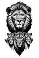 male lion with cross over its eye surrounded by a female lion and 3 cubs tattoo design idea