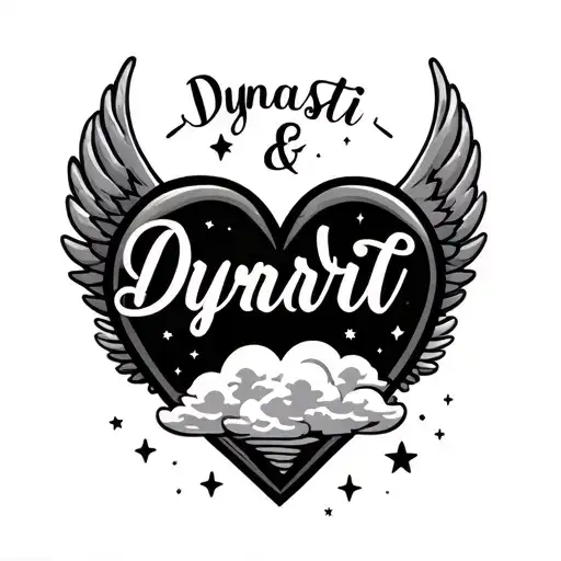 "Dynasti & April" name in shape of heart with wings and clouds inside and stars tattoo design idea