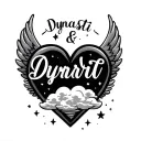 "Dynasti & April" name in shape of heart with wings and clouds inside and stars tattoo design idea
