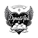 "Dynasti & April" name in shape of heart with wings and clouds inside and stars tattoo design idea