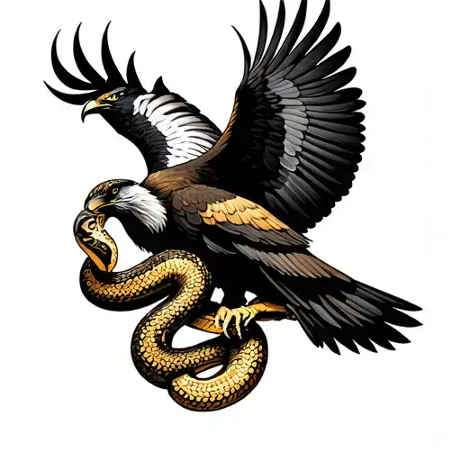 Golden eagle holding snake flying next to quetzal bird tattoo design idea