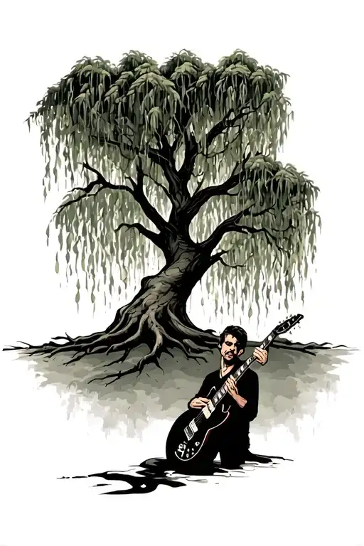 Weeping Willow Tree with man playing a black telecaster underneath it tattoo design idea