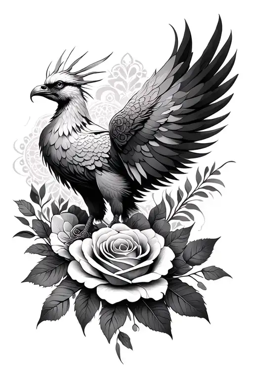 phoenix, flowers and leaves, mandalas y rosas tattoo design idea