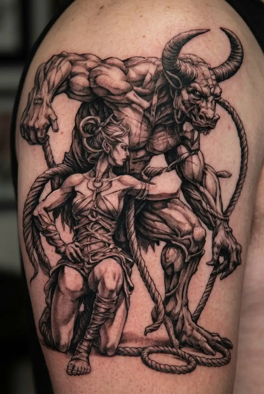 Minotaur standing over top a submissive female sexy alien that is tied in ropes kneeling with her arms behind her back tattoo design idea