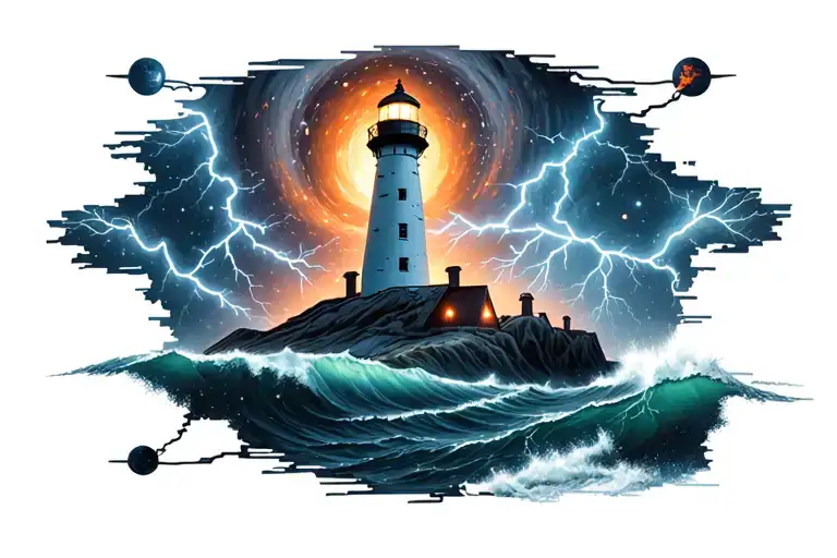 lighthouse, black hole, planet, lightning, storm tattoo design idea