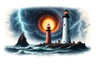 lighthouse, black hole, planet, lightning, storm tattoo design idea