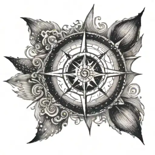A dotwork tattoo of a compass rose surrounded by ocean waves, symbolizing the journey of life and the importance of family tattoo design idea
