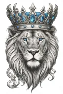 A proud lion head with crown and blue eye looking tattoo design idea
