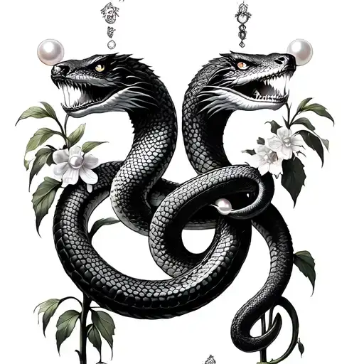 twin snakes wrapped around stems of snapdragons with pearl stones in each mouth tattoo design idea