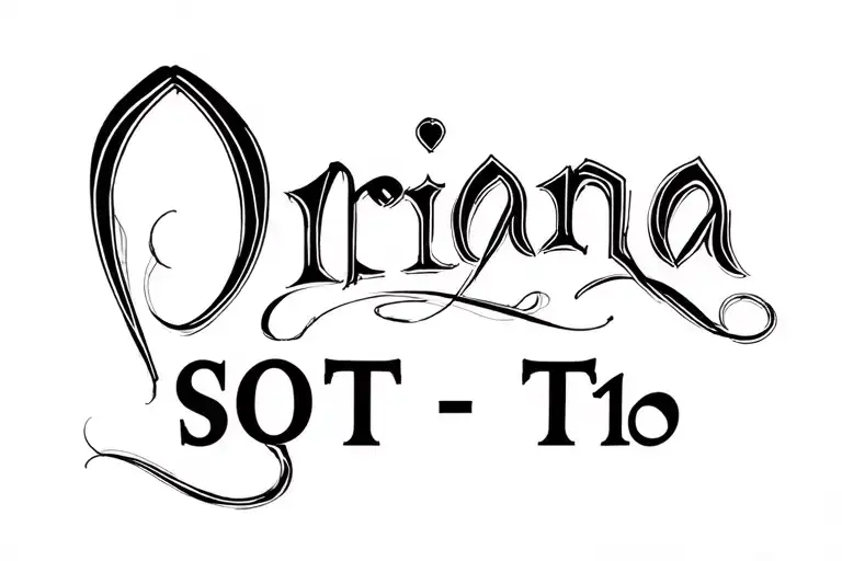 The word "Oriana" in beautiful, elegant, curvy font, with "SOTT - T16" added in much smaller block font tattoo design idea