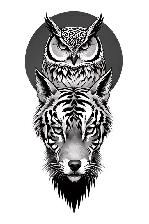 Owl above a tiger, above a wolf tattoo design idea