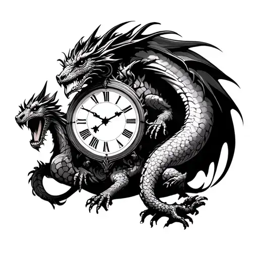 Tattoo stencil design, blackwork line art. A fierce dragon in a dynamic pose, coiling around antique clocks with roman n tattoo design idea