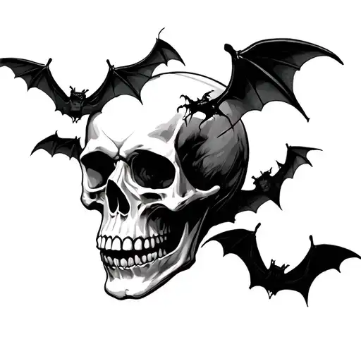 skull and bats flying tattoo design idea