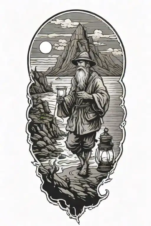 Hermit with lantern, walking by the cliffside, stormy ocean in background tattoo design idea