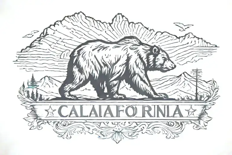  California flag with the iconic bear and in the background the California mountains with a road and a vintage motorcycl tattoo design idea