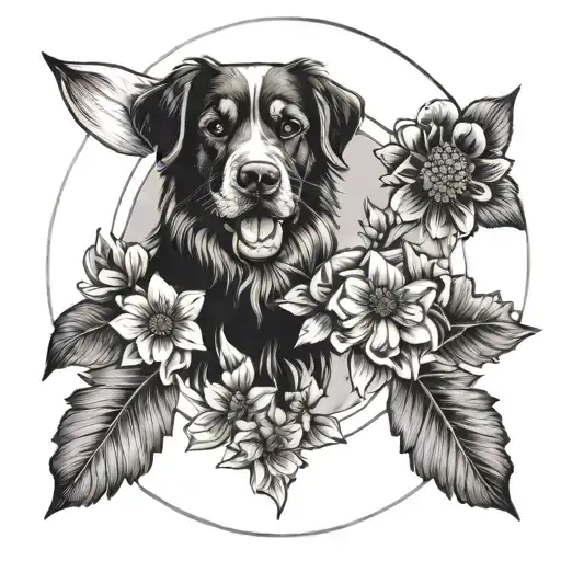 circle dot line and in the middle have a paw print of a dog and in the left have a flowers (daffodil, marigold & yarrow) tattoo design idea