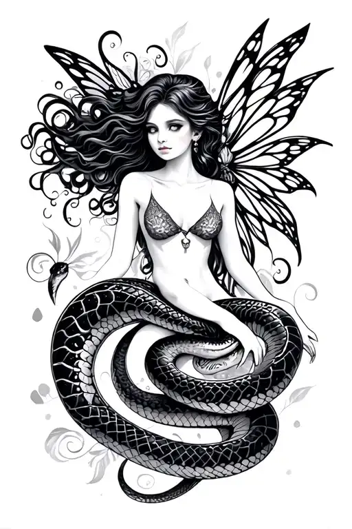 fairy and snake earthy feminine fairy riding tattoo design idea
