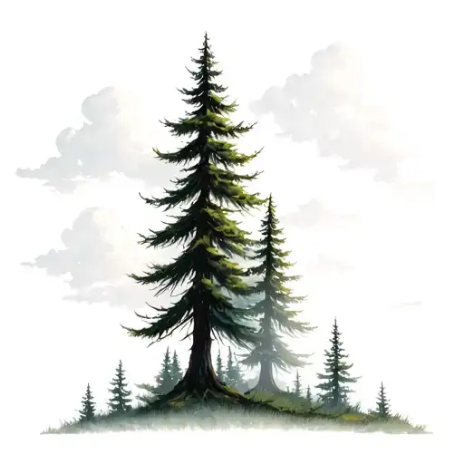 dense wooded forest with think evergreens with a lot of shading and clouds with some color but only green of the trees tattoo design idea
